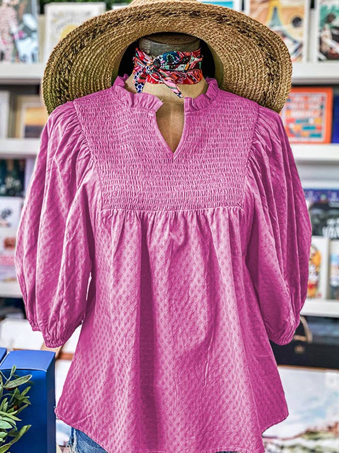 UNISHE - Wholesale Blouse - Women's - Textured V Neck Smocked Puffy Sleeves Blouse Top BBSP018