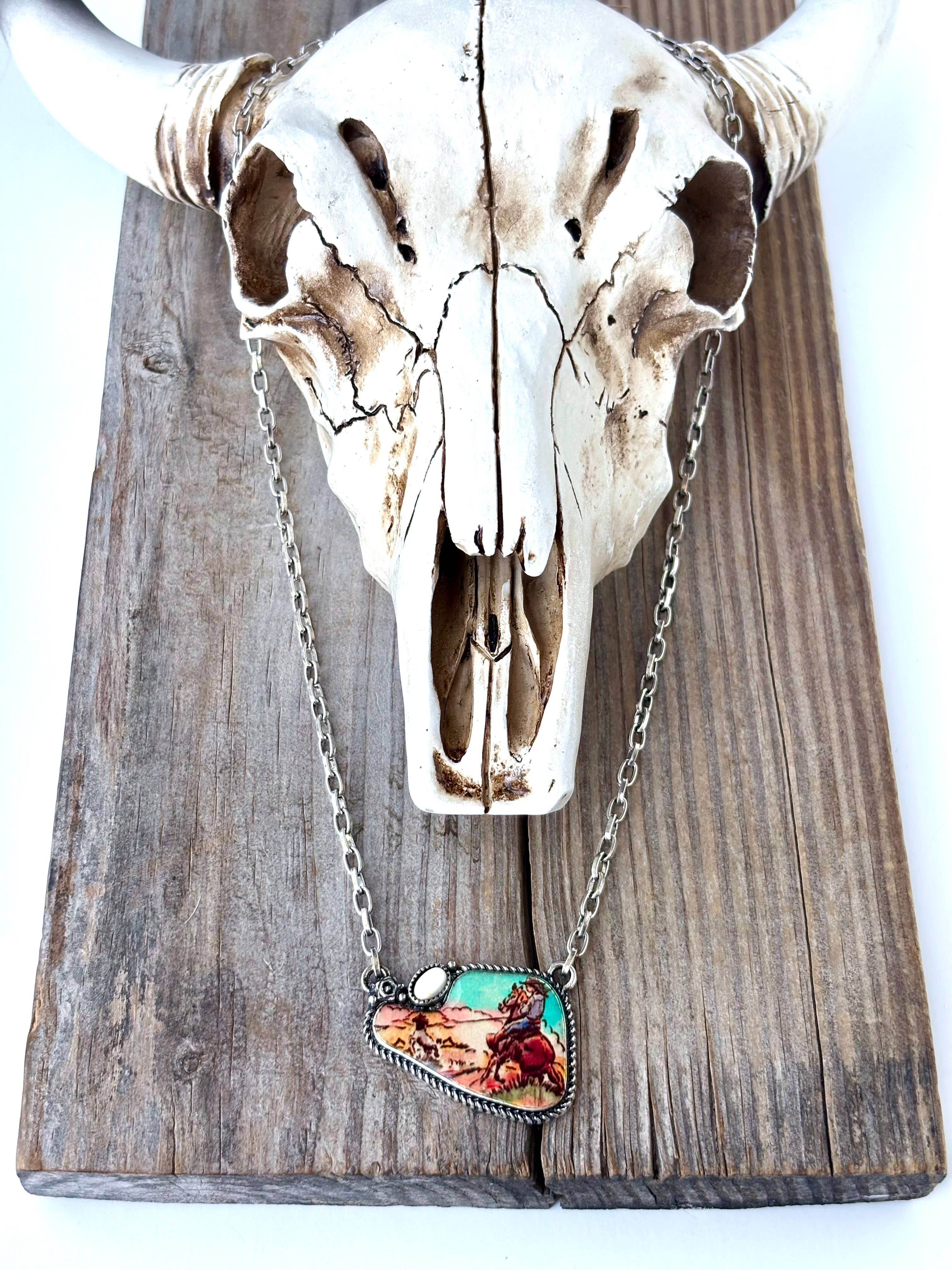 Boho Ranch Shop - Wholesale Pendant/Charm Necklace - Western Rodeo Scenery with Stone Pendant Necklace0