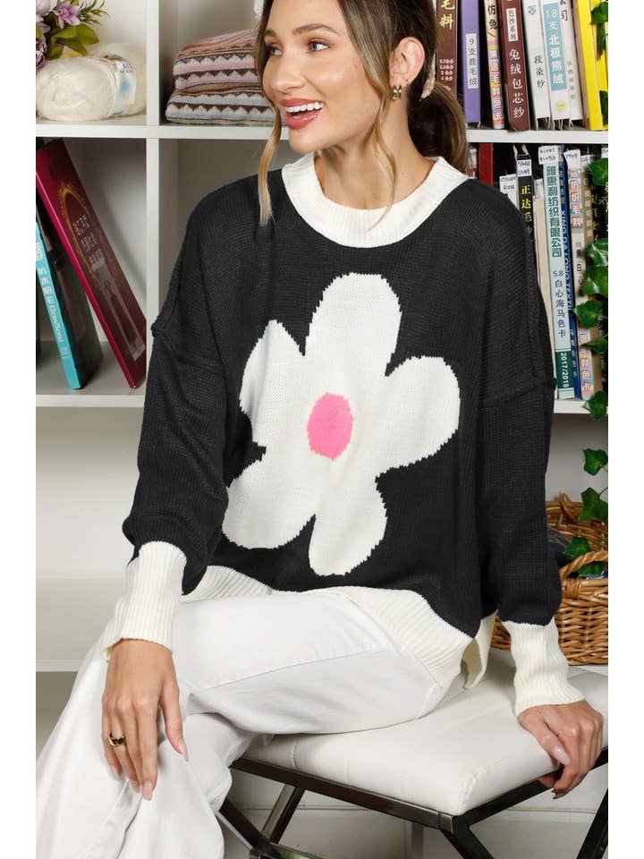 Vine & Love - Wholesale Knit Sweater - Women's - Crew Neck Long Sleeve Flower Printed Knitted Sweater VT82542