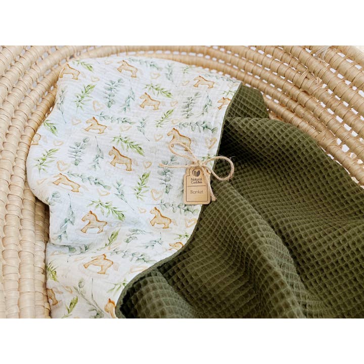 Baby waffle blanket - army green horses for wholesale by Natural Cuddles