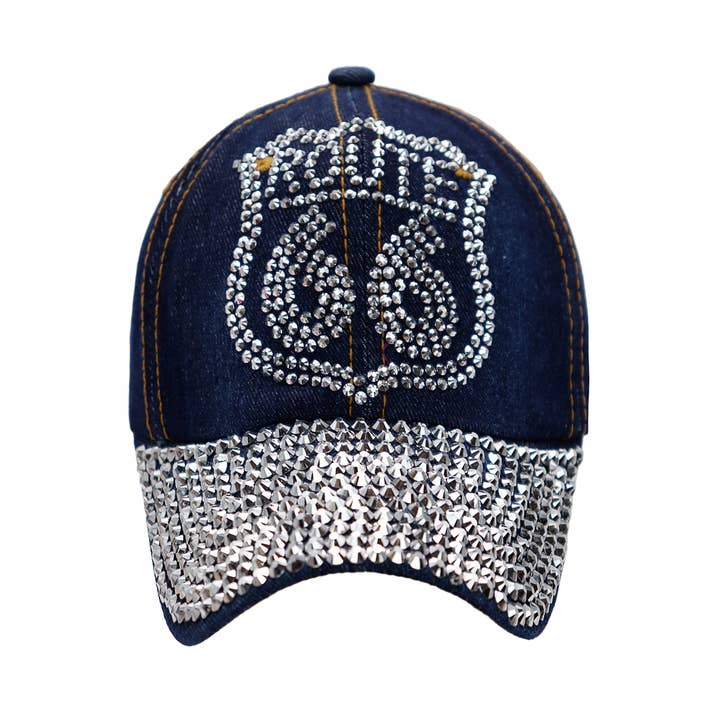 Cap Zone - Wholesale Baseball Cap - Women's - Route 66 Logo Bling Rhinestone Denim Baseball Cap