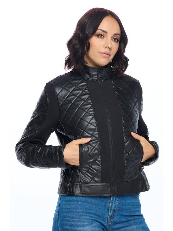 Black Quilted Edge Faux Leather Jacket for wholesale on Faire