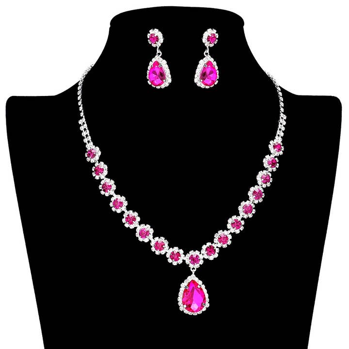 Sparkling Daisy w Pear Drop Rhinestone Necklace Set for wholesale by Diacly