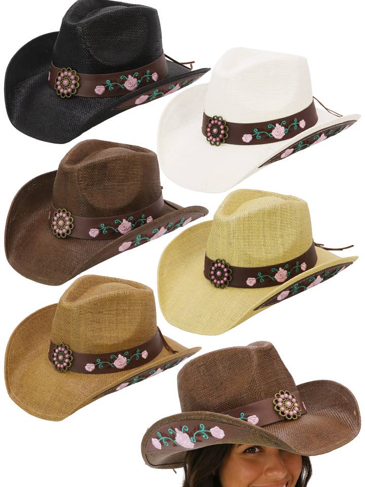 Pink Rose Concho Belt Embroidered Cowgirl Hat for wholesale by Cap Zone
