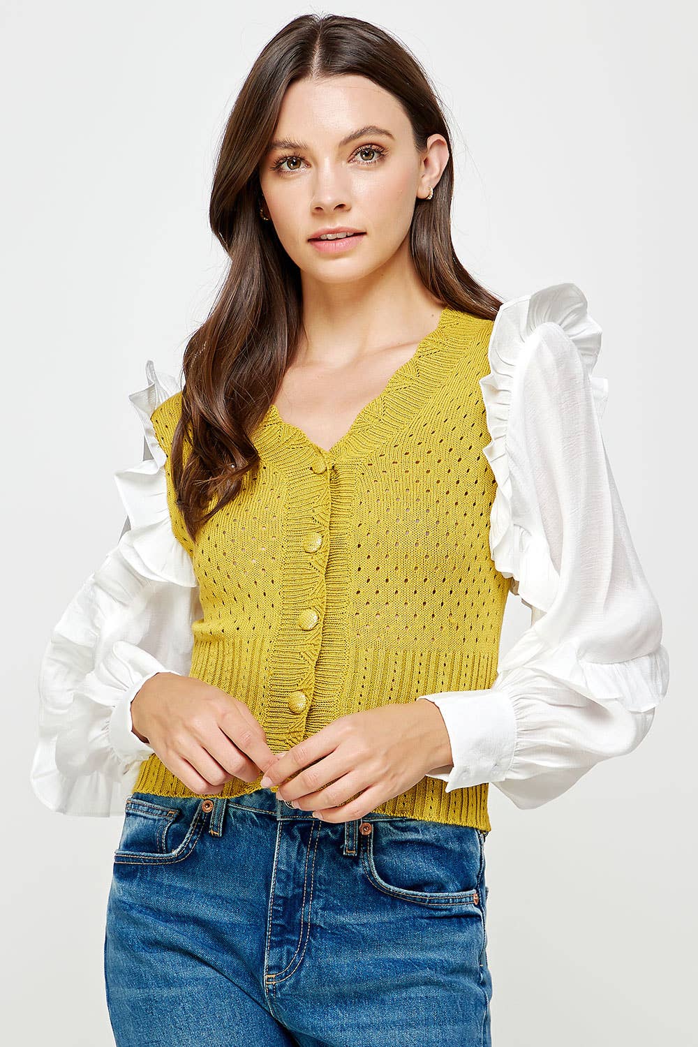 Strut & Bolt - Wholesale Knit Sweater - Women's - Mixed Fabric Ruffled Sleeve Crochet Knit Sweater11