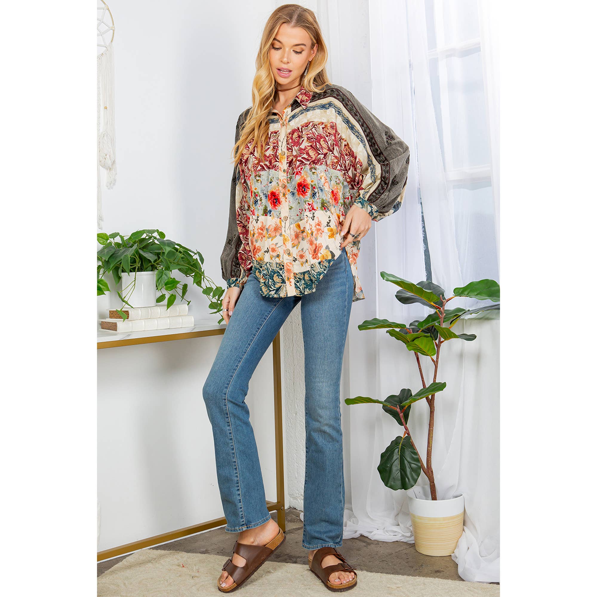 GRAVEL Bishop Sleeves Loose Western Printed Shirt Top for wholesale on Faire3