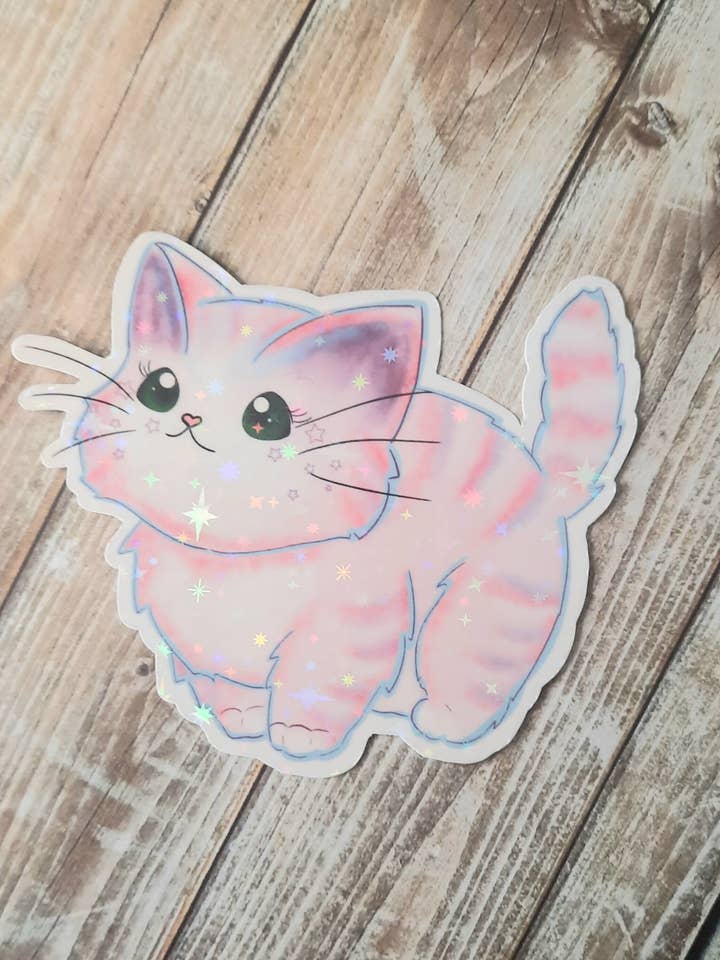 Pastel Kawaii Cat Sticker, Sparkly Kitty Sticker for wholesale by Unsupervised Art