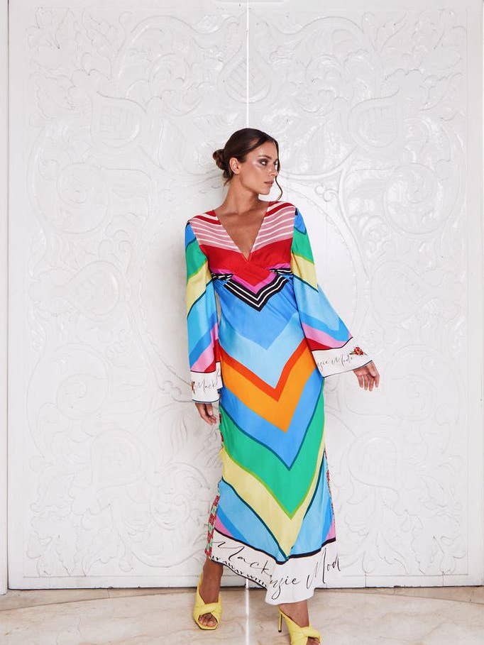 MACKENZIEMODE - Wholesale Dress – Women's - VALENCIA SILK MAXI ~ RAINBOW STRIPE5