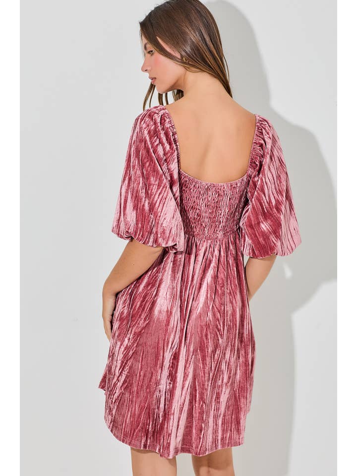 DUSTY ROSE VELVET BUBBLE SLEEVE MINI DRESS for wholesale on Faire
