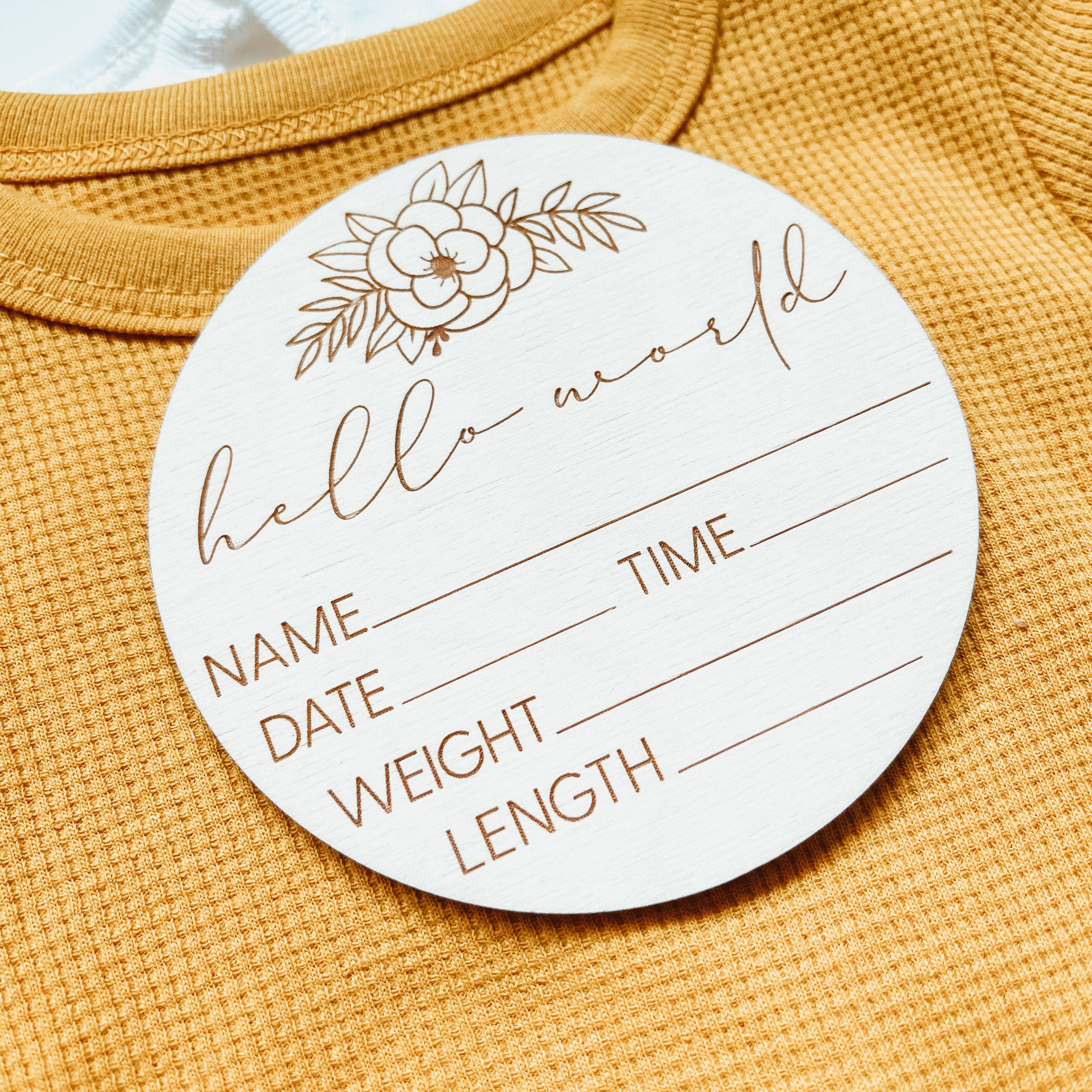 Knotty Design Co. - Wholesale Milestone Art/Keepsake - Kids & Baby - Baby Birth Announcement Sign - Hello World Floral Round1