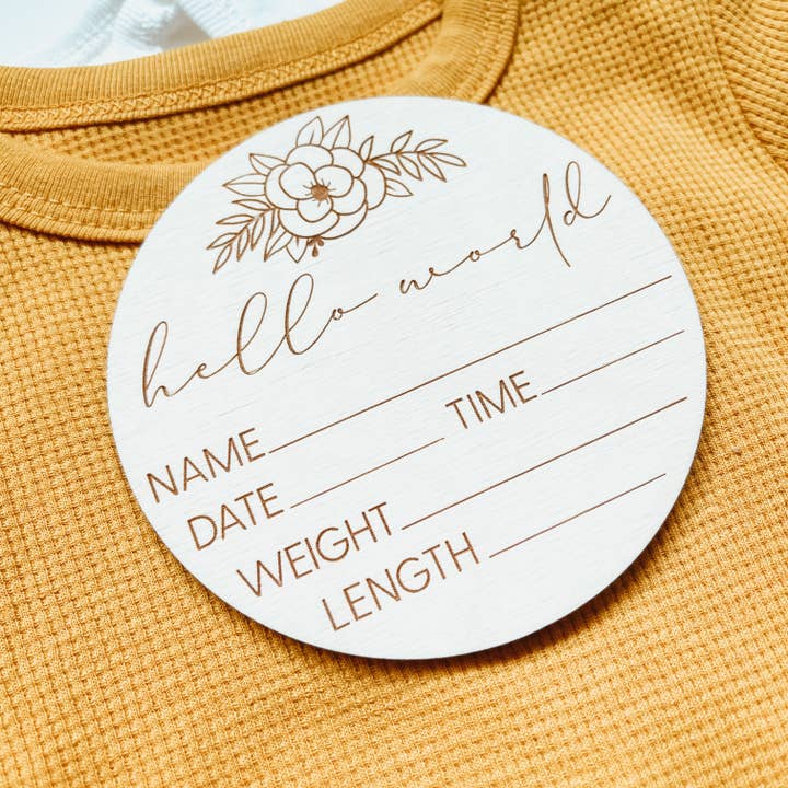 Knotty Design Co. - Wholesale Milestone Art/Keepsake - Kids & Baby - Baby Birth Announcement Sign - Hello World Floral Round1