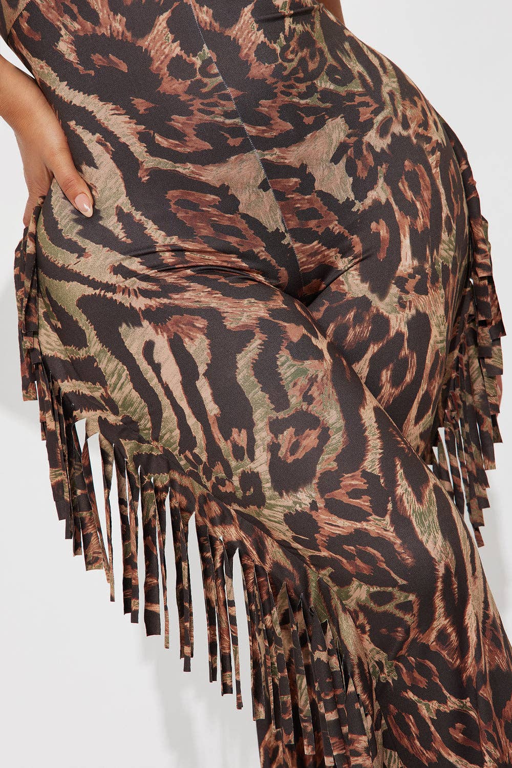 Olive Combo PLUS SIZE LEOPARD HALTER FRINGE JUMPSUIT for wholesale on Faire2