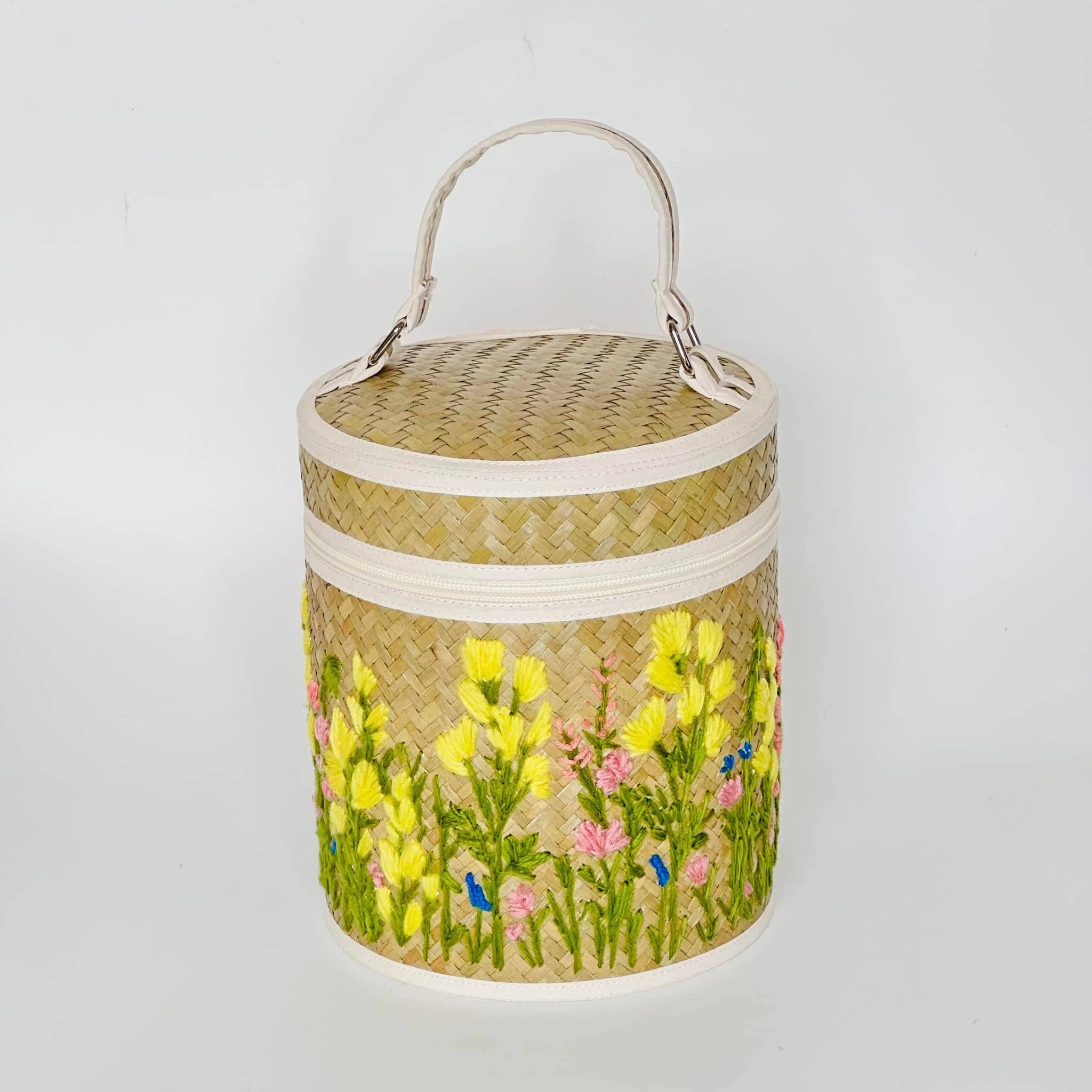 Beige & Co Thai Crafts - Wholesale Basket - Floral Garden Hand Embroidery on Natural Hand Woven Basket5