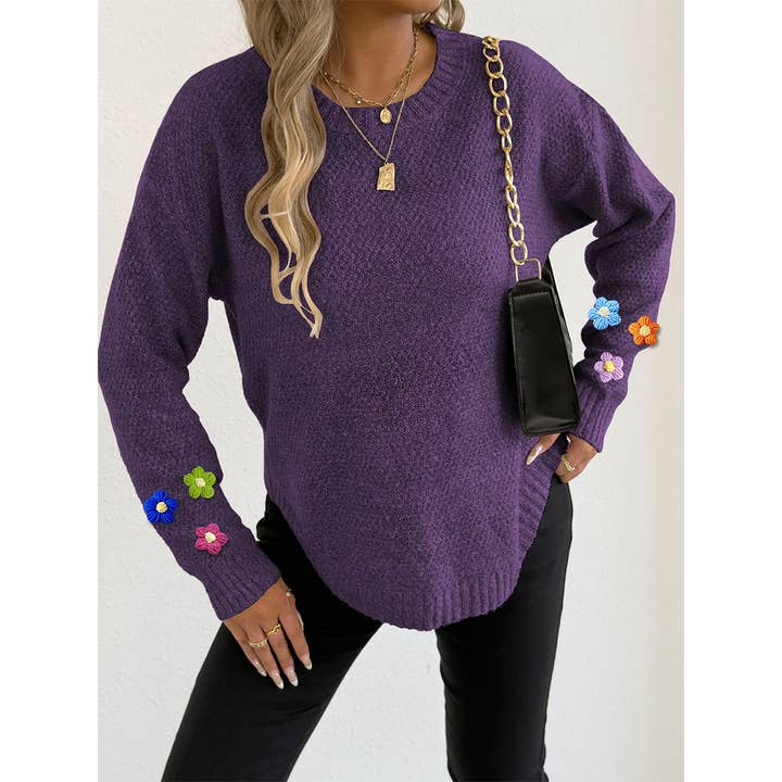 UNISHE - Wholesale Knit Sweater - Women's - Hand-Crocheted Floral Patchwork Round Neck Sweater OYM25317