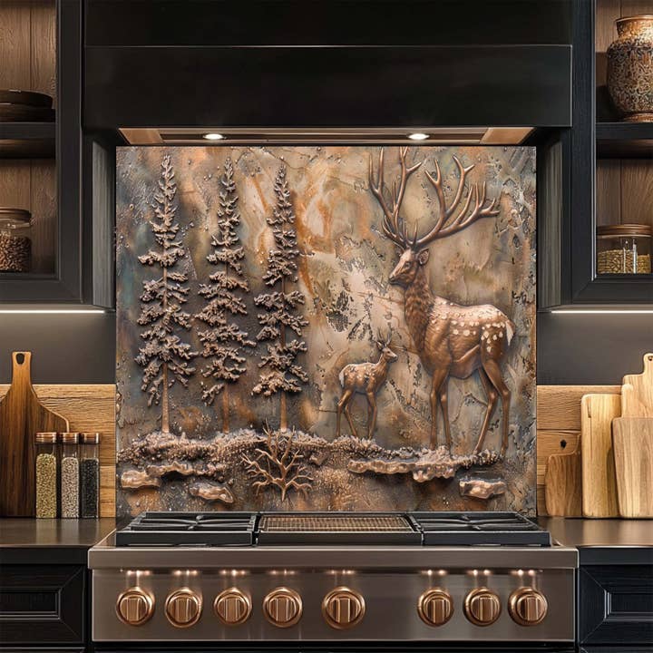 Glass Kitchen Backsplash - Wholesale Wall Accent - Bronze Elk Scene – Tempered Glass Backsplash for Kitchen | Forest Deer Stove Backsplash4