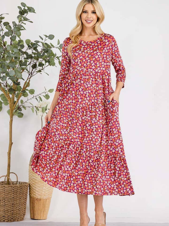 MAGENTA FLORAL TIERED MIDI-DRESS MISSY & PLUS SIZE -CD43848E for wholesale on Faire