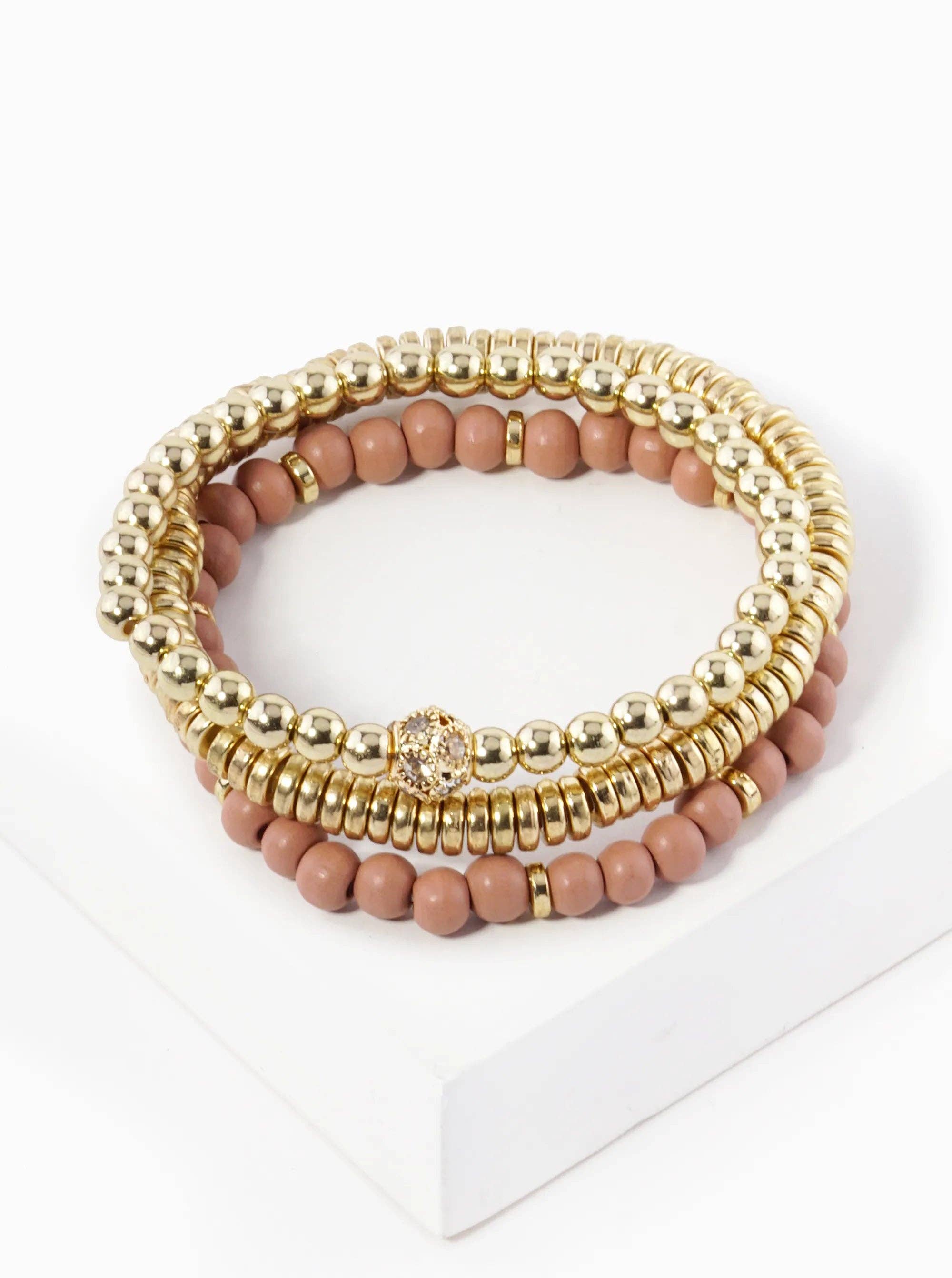 Wild Honey - Wholesale Jewelry Set - Set Of 3 Wood And Metallic Bead Stackable Stretch Bracelet2