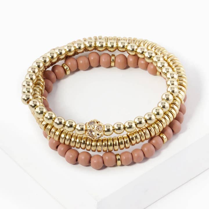 Wild Honey - Wholesale Jewelry Set - Set Of 3 Wood And Metallic Bead Stackable Stretch Bracelet2