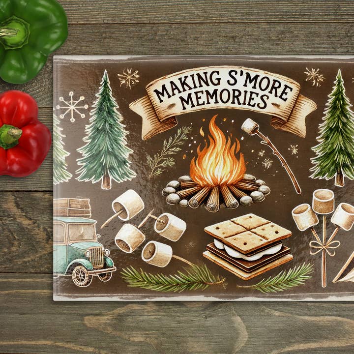 Skærebræt i glas med smores-motiv for engroshandel hos Beautiful Creations by Laney