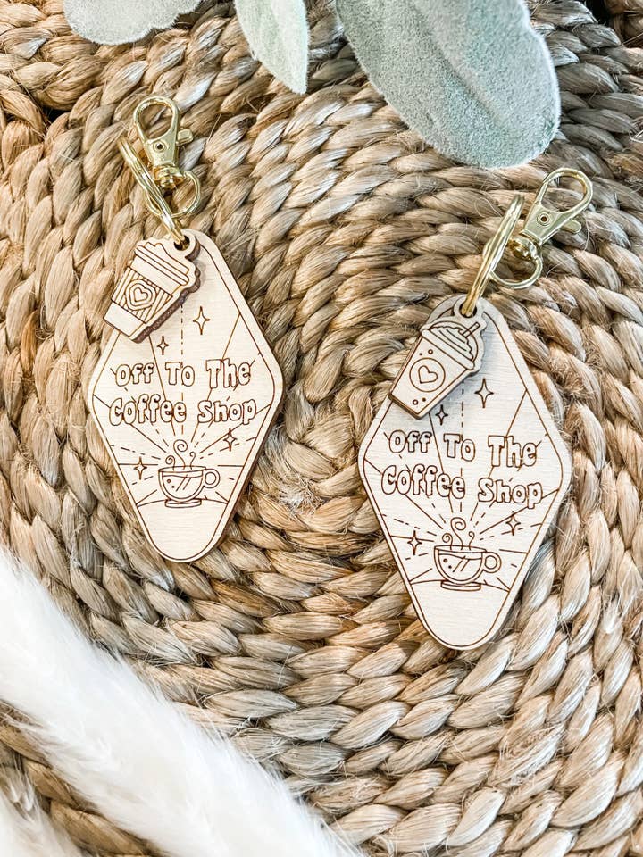 Off to the Coffee Shop Wooden Keychain for wholesale by Hazel + Bloom Co