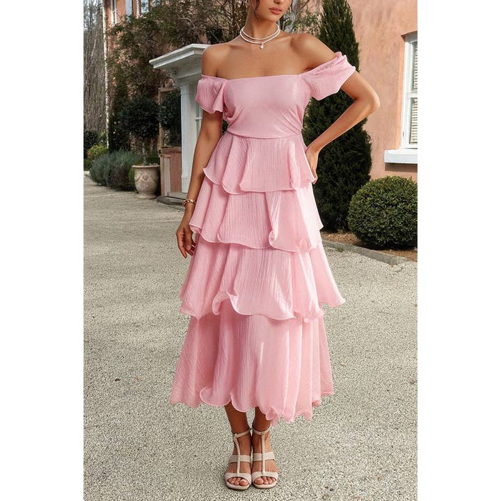 Supreme Fashion - Wholesale Dress - Women's - Off Shoulder Puff Short Sleeves Tiered Dress9