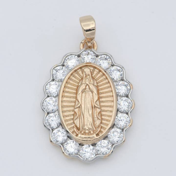 Gold Filled Holy Mary Lady of Guadalupe Praying Religious Cubic Zirconia Crystal Oval Pendants H-728 for wholesale by Aim Eternal