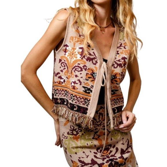 TAUPE Haut en maille à franges ethniques en vente sur Faire1