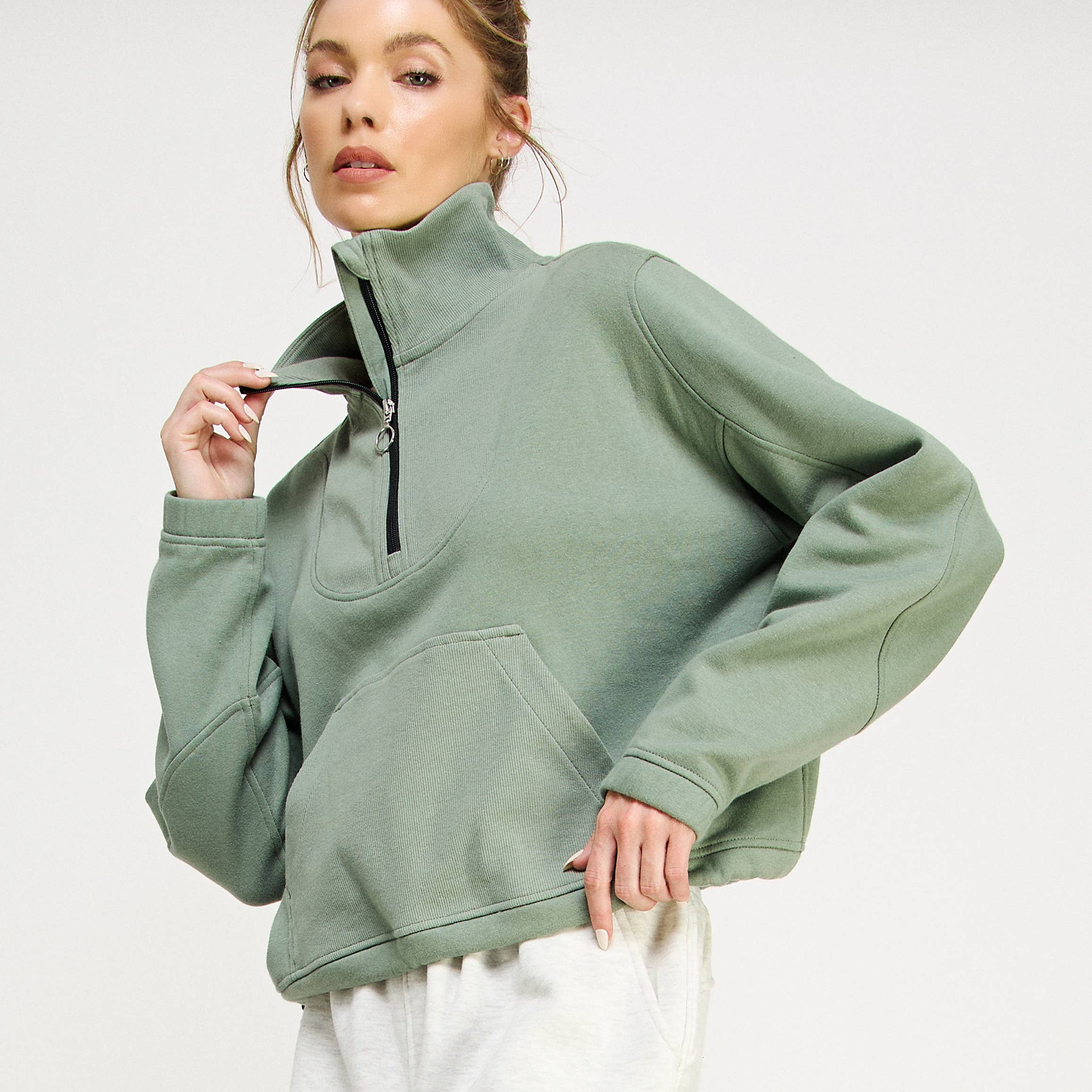 FREEZIA - Wholesale Sweatshirt - Women's - FRENCH TERRY NECK HALF ZIP SWEATSHIRT PULLOVER-FZ001221
