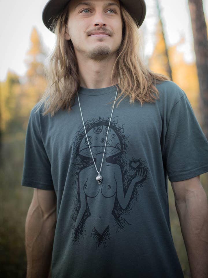 Mushies Hemp Mushroom Nature T-Shirt Made in USA for wholesale by Sacred State Design