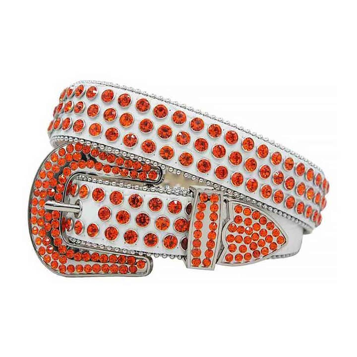 Rhinestone hvidt bælte og orange sten Grå spænde besat med orange rhinestones for engroshandel hos Rhinestone Belt Store