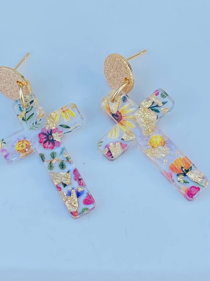 Floral Gold-Foil Cross Earrings | 18K Gold Plated for wholesale by Sandy Lou Designs