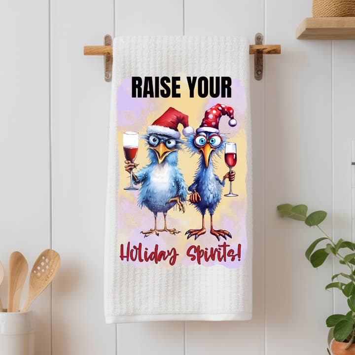 Raise Your Holiday Spirits Tea Towel for wholesale by JAC Wholesale