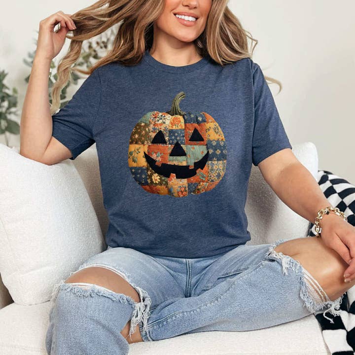 Trendy Tee Co. - Wholesale Screen Printed T-Shirt - Women's - Patchwork Pumpkin Tee1