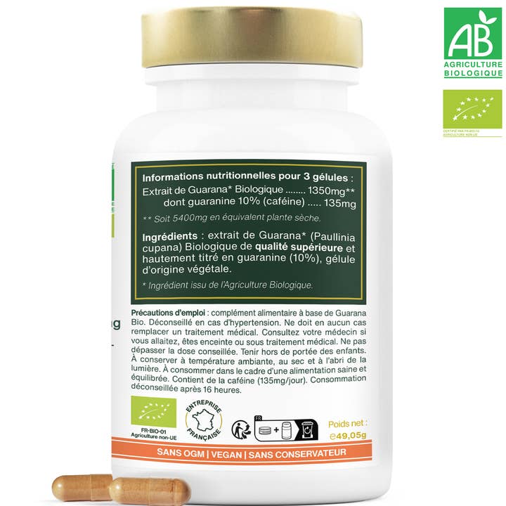 Amoseeds - Vente Supplément oral/vitamine - Guarana Natif Bio, 10% Guaranine | 90 gélules