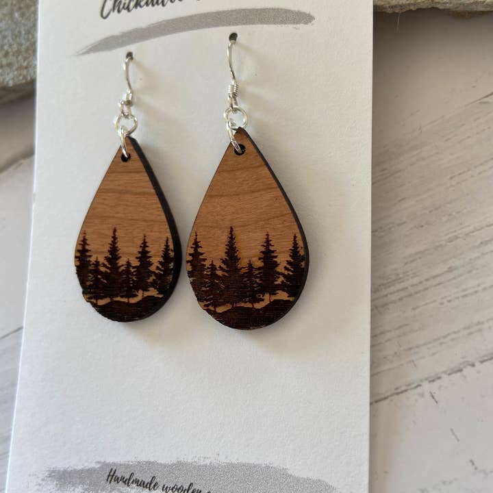 Chickadee Creations - Wholesale Dangle Earrings - Cherry wood earrings teardrop forest