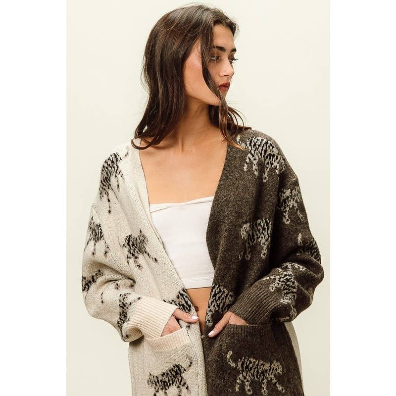 IVE - Vente Cardigan – femme - CARDIGAN À COL EN V À MOTIF TIGRE ET POCHES PLAQUÉES13