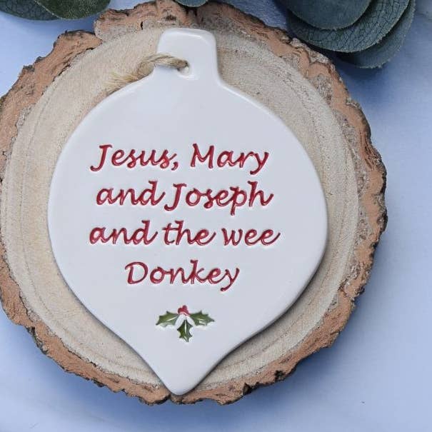 Christmas - Jesus, Mary & Joseph - Handmade ceramic bauble for wholesale by Broadlands Pottery