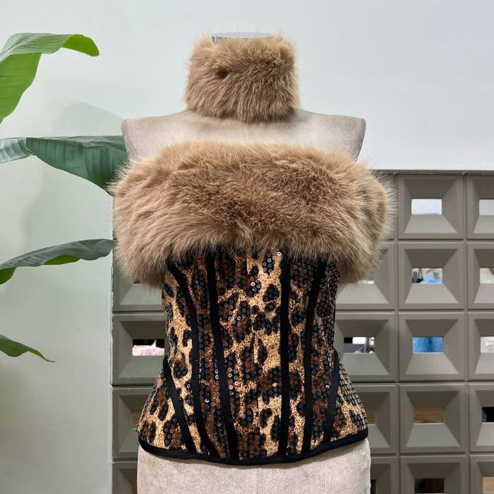 Color as pictures 59Y Leopard Sequin Tube Top with Eco-Fur Three-Piece Set for wholesale on Faire1