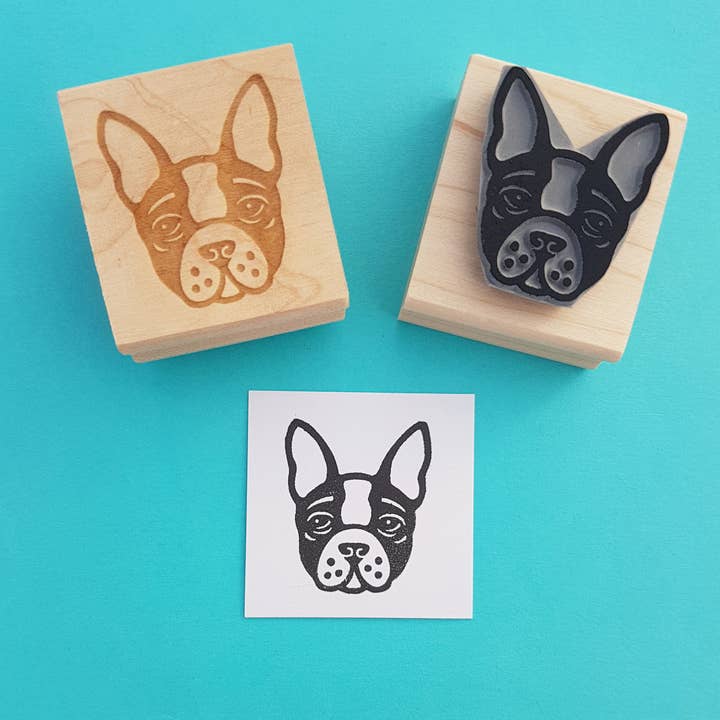 Boston Terrier Dog Rubber Stamp for wholesale by Skull and Cross Buns Rubber Stamps