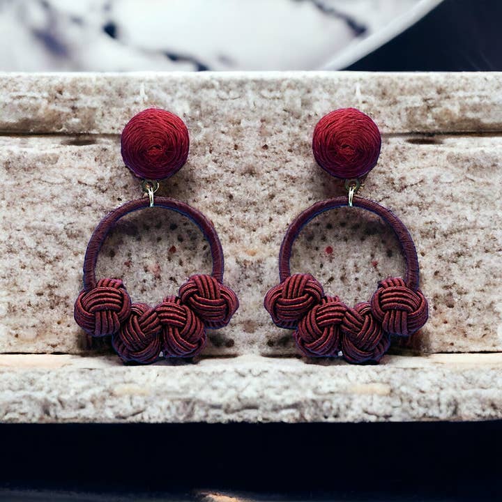 Narratives The Line - Wholesale Hoop Earrings - Cotton Woven Knot Small Hoop Earrings - Reds