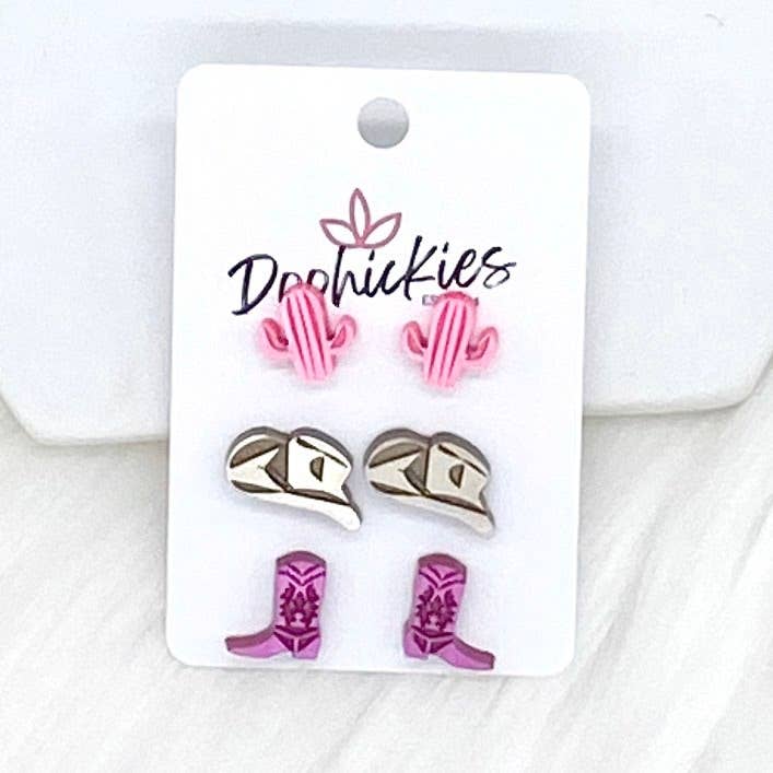 Doohickies - Wholesale Jewelry Set - Pink Cactus/Cowgirl Hat/Fuchsia Boots -Earrings