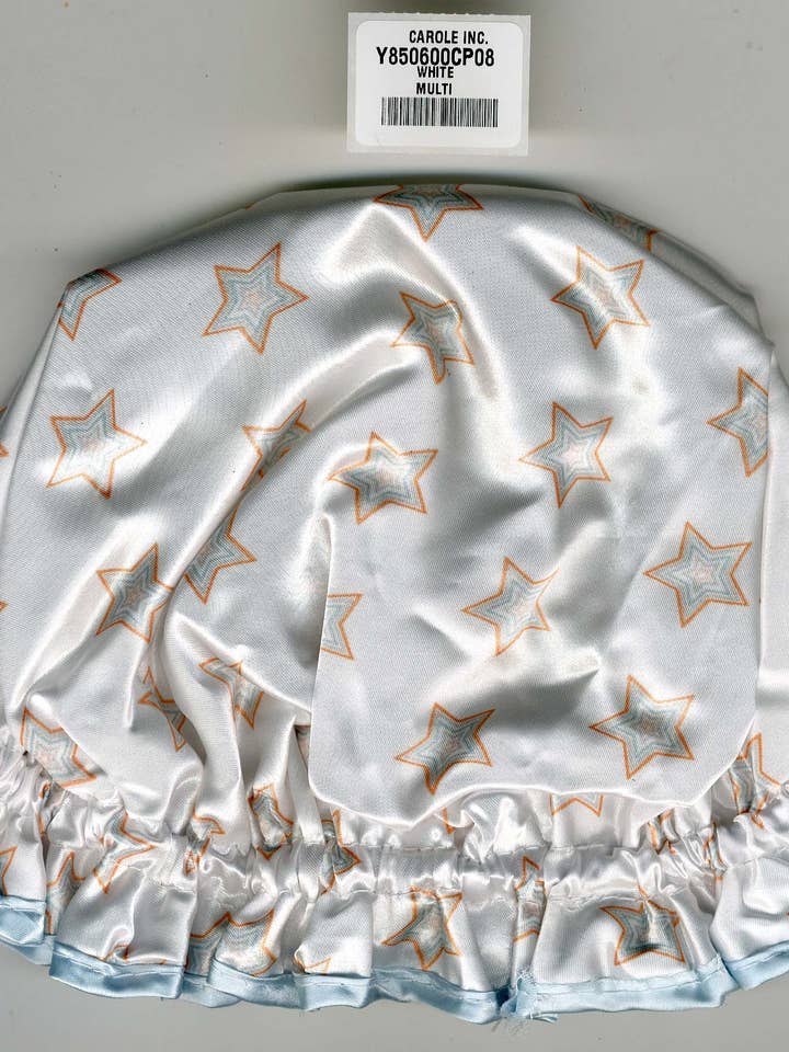 Shower Cap Waterproof Nylon - White with Stars for wholesale by Carole Inc.