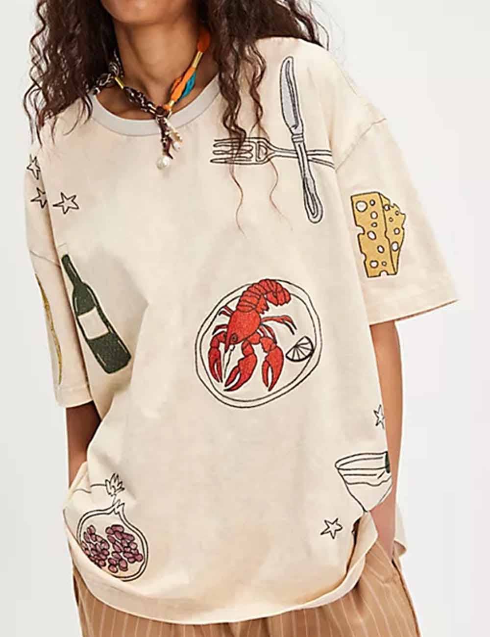 Sweetkama - Wholesale T-Shirt - Women's - Ladies Multicolor Embroidery Crew Neck Short Sleeves T-Shirt0