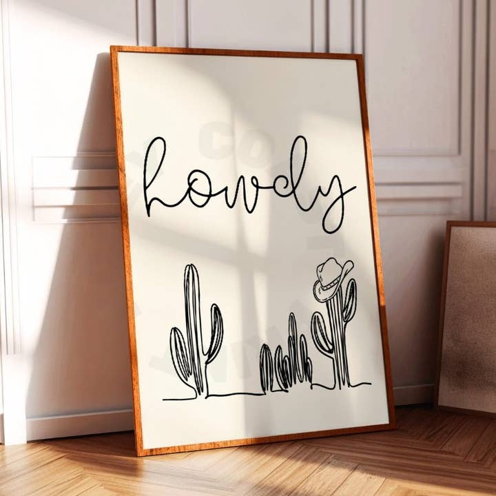 Howdy Cactus Cowboy Hat Wall Art Vintage Black Print for wholesale by Honey Coast Print Co.