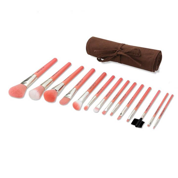 Pink Bambu Complete 14 pièces Set de pinceaux avec pochette enroulable pour la vente par Bdellium Tools