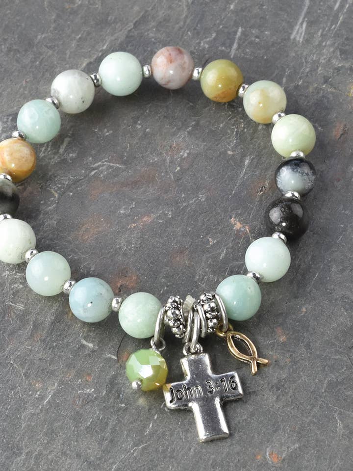 Pulseira Elástica de Pedra Natural Semi-Preciosa com Cruz João 3:16 por atacado de Eden Merry Jewelry by James Lawrence