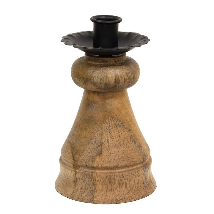 The Hearthside Collection - Wholesale Candle Holder - Natural Wood & Metal Cone Spindle Taper Holder - 6.25"