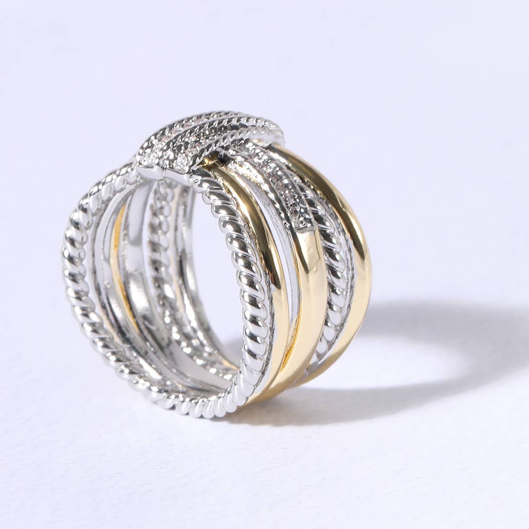 K Bague Crossover à larges pierres argentées et dorées CZ en vente sur Faire3