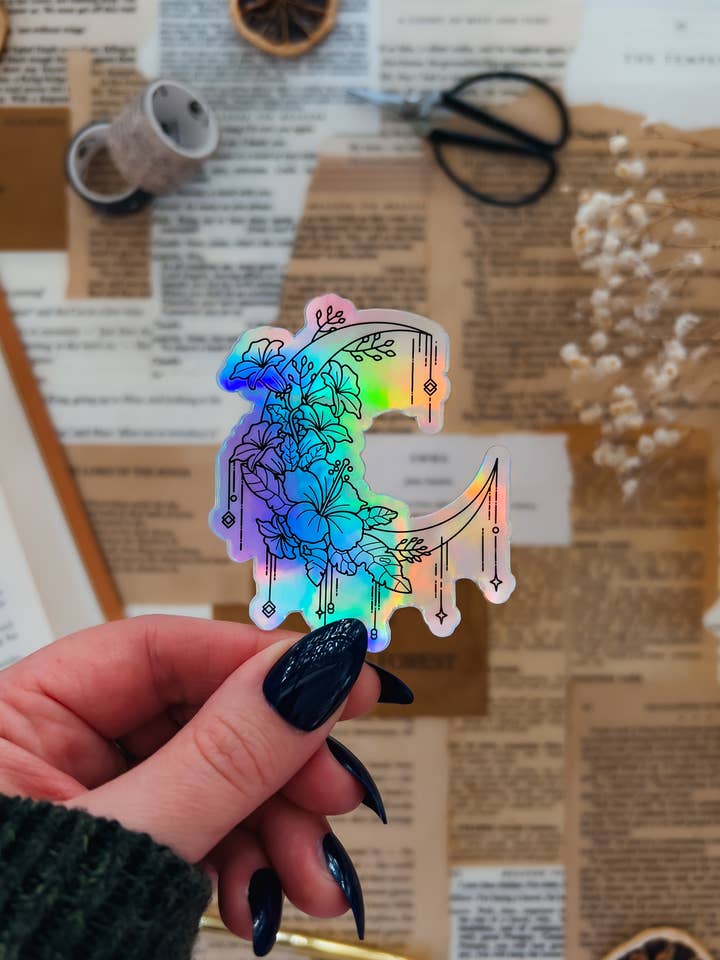 Crescent Moon Flower Sticker, 2.5x3in for wholesale by Twelfth Pine