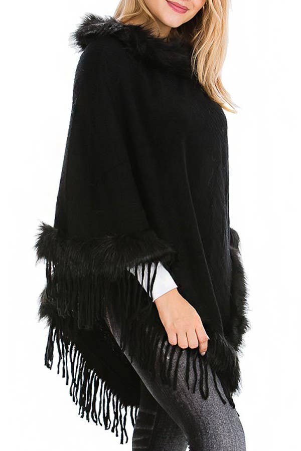 Cap Zone – wholesale Poncho – Women's – Faux Fur Lined Fringe Trim Pullover Poncho0